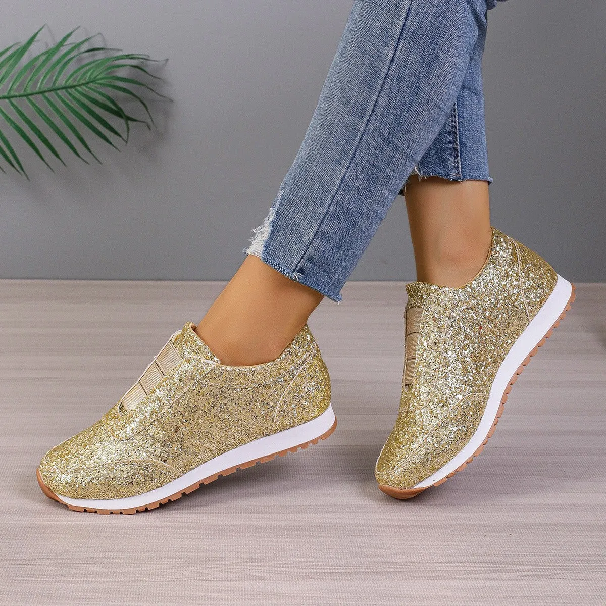 Starlink Casual Shoes Gold Sliver Sequined Flats New Fashion Casual Round Toe Slip-on Shoes Women Outdoor Casual Walking Running Shoes