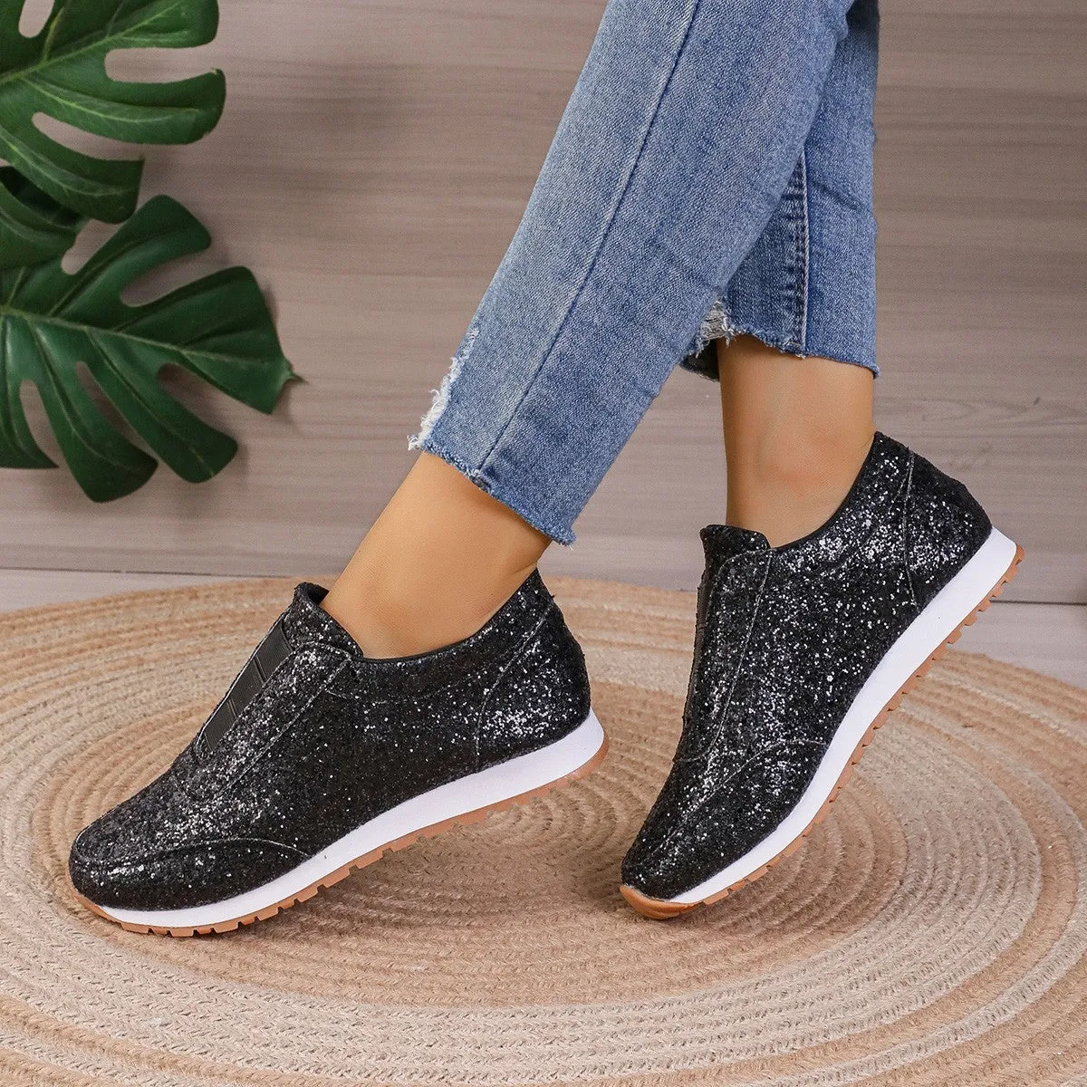Casual Shoes Without Lace Gold Sliver Sequined Flats New Fashion Casual Round Toe Slip-on Shoes Women Outdoor Casual Walking Running Shoes