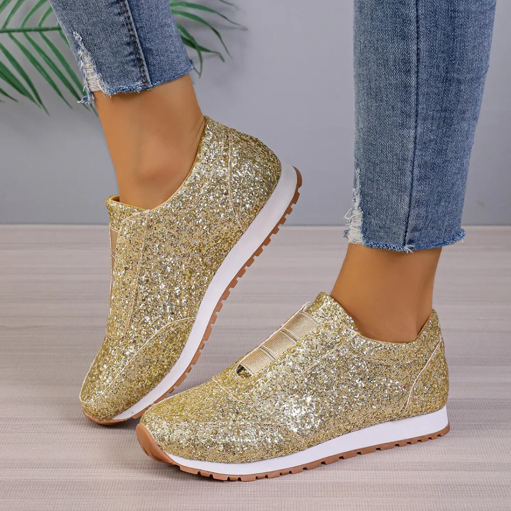 Gold Sliver Sequined Flats New Fashion Casual Round Toe Slip-on Shoes Women Outdoor Casual Walking Running Shoes Casual Shoes Size 8