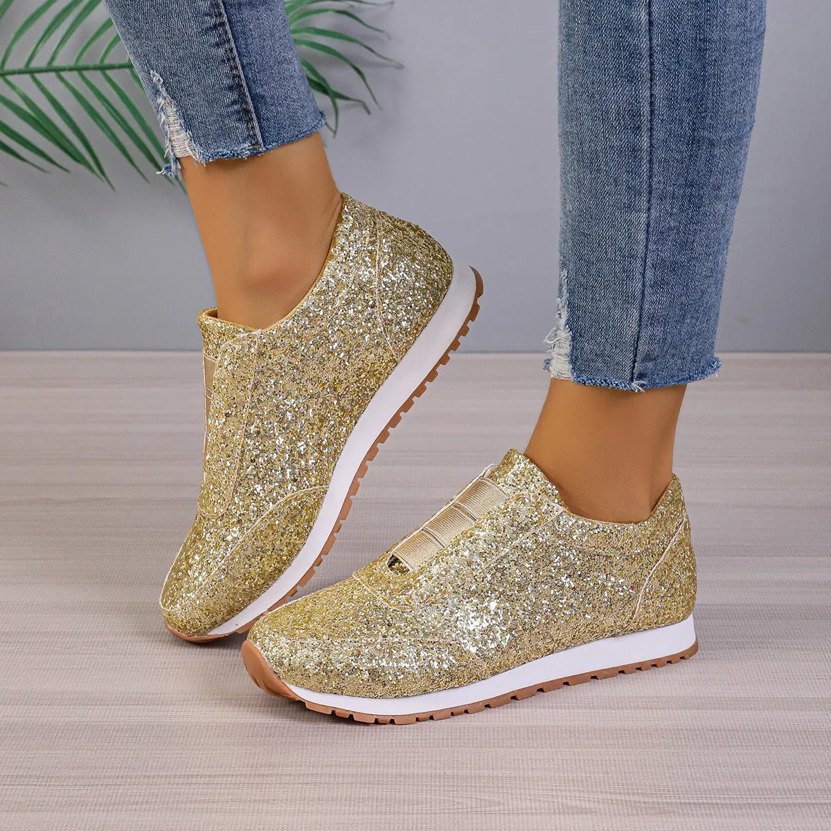 Gold Sliver Sequined Flats New Fashion Casual Round Toe Slip-on Shoes Women Outdoor Casual Walking Running Shoes Army Casual Shoes