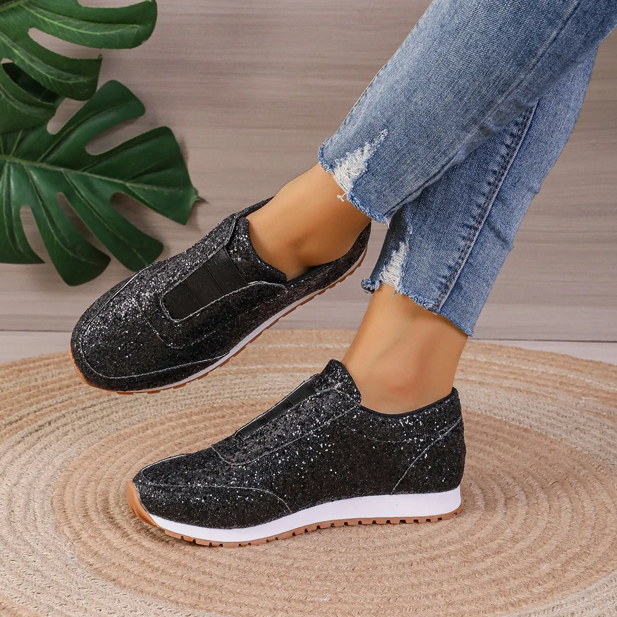 Gold Sliver Sequined Flats New Fashion Casual Round Toe Slip-on Shoes Women Outdoor Casual Walking Running Shoes Versatile Shoes