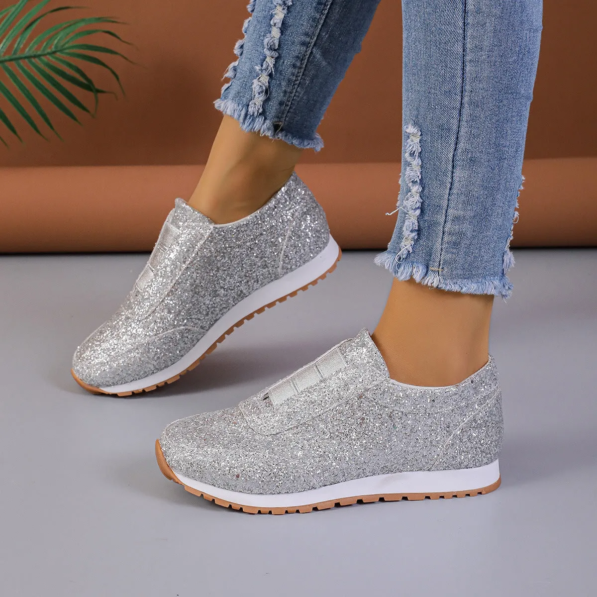 Moc Casual Shoes Gold Sliver Sequined Flats New Fashion Casual Round Toe Slip-on Shoes Women Outdoor Casual Walking Running Shoes