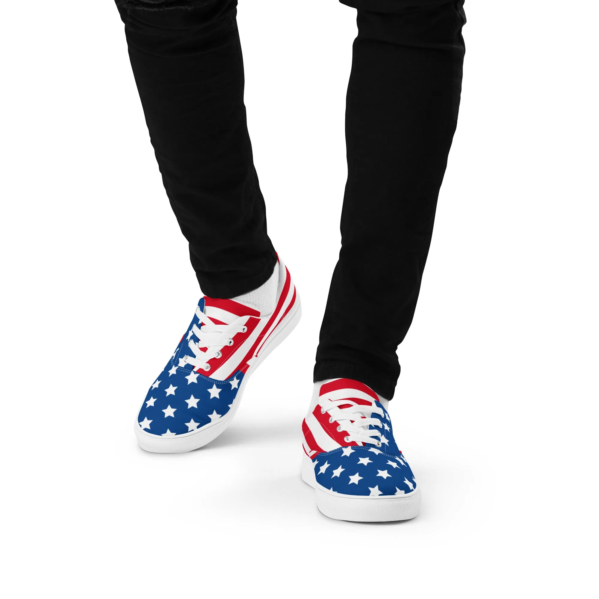 Fur Moon Boots American Flag Men's Low Tops, US Flag July Forth Best Designer Mens Lace-up Canvas Shoes (US Size: 5-13)