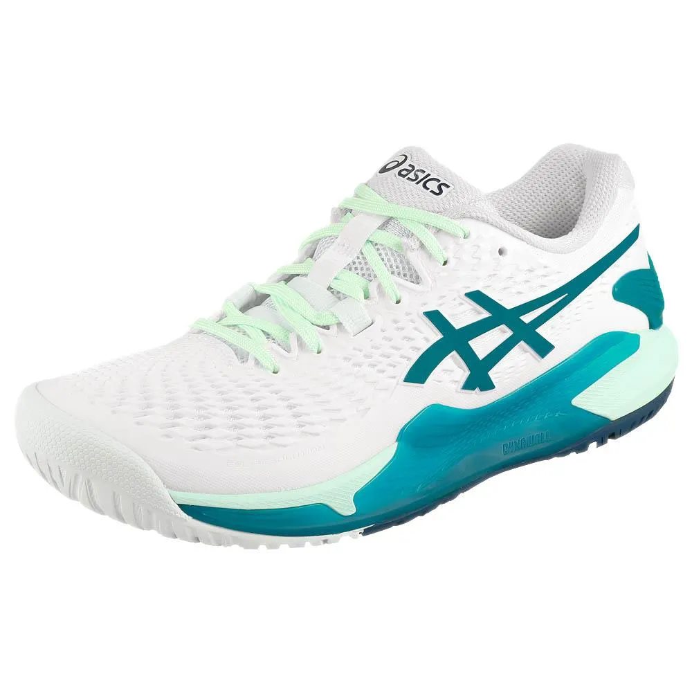 Asics Women's Gel-Resolution 9 - White/Teal Blue Discount Asics Volleyball Shoes