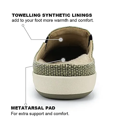 Emoji Slides Mens Slippers with Arch Support, Plantar Fasciitis Slipper for Men with Cozy Fuzzy Wool and Velvet Lining, Canvas Slip On Clog House Shoes with Indoor Outdoor Anti-Skid Rubber Sole, Light Olive, 8.5