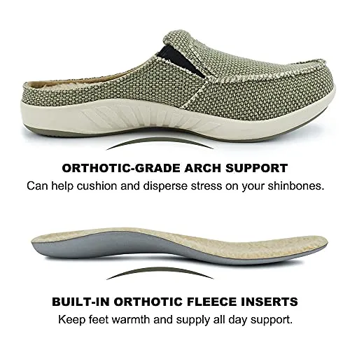 Slides Waterproof Mens Slippers with Arch Support, Plantar Fasciitis Slipper for Men with Cozy Fuzzy Wool and Velvet Lining, Canvas Slip On Clog House Shoes with Indoor Outdoor Anti-Skid Rubber Sole, Light Olive, 8.5