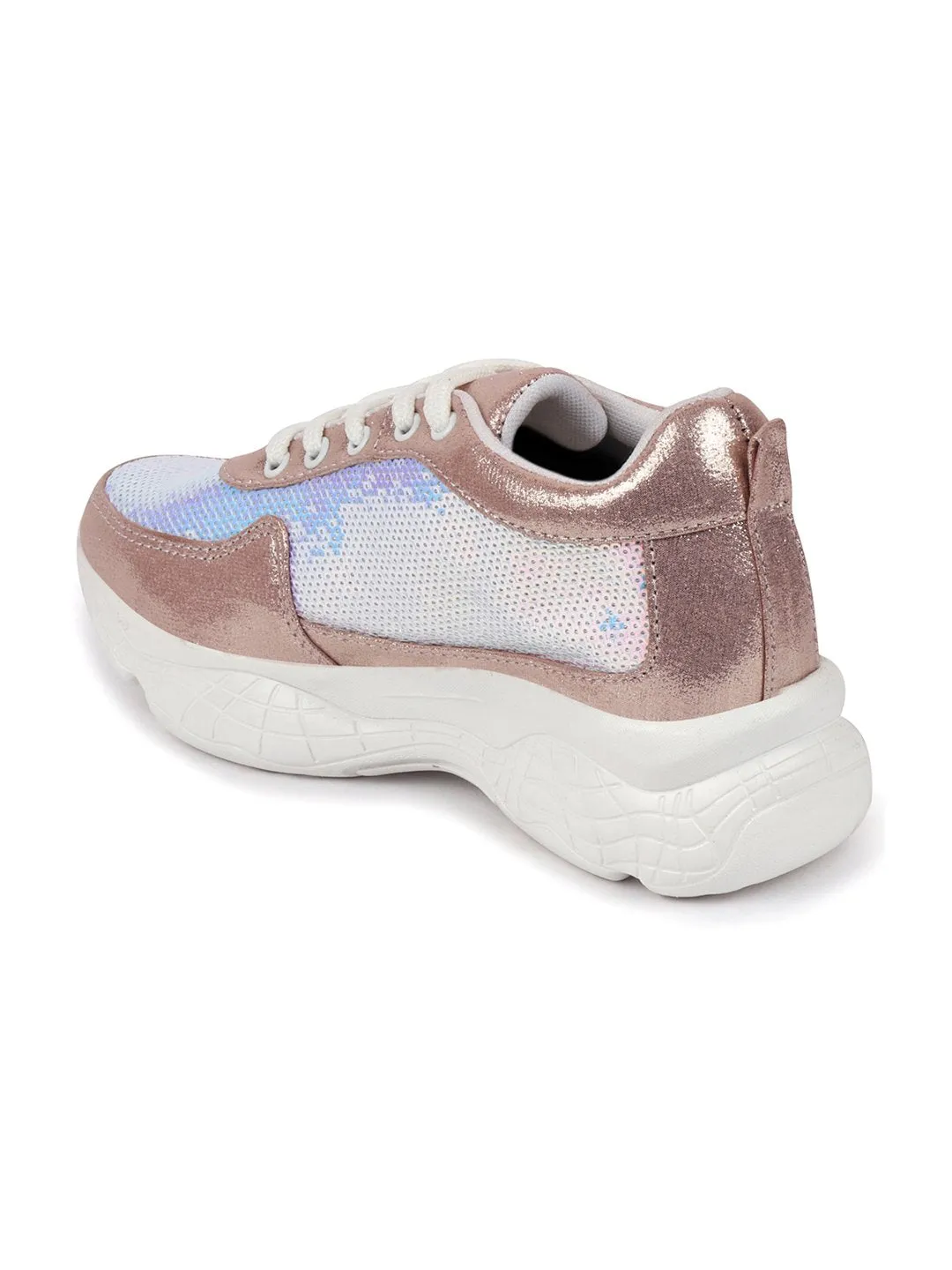 Coolway Sneakers Women Pink Stylish Lace Up Embellished Sneakers