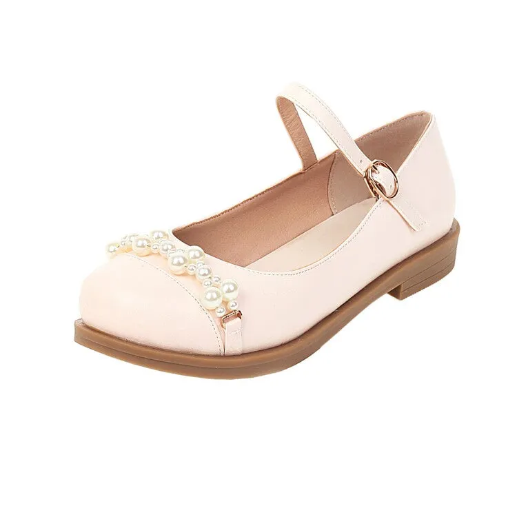 Women's Solid Color Pearls Beading Flat Many Jane Shoes Calves Hurt When Walking In Flat Shoes