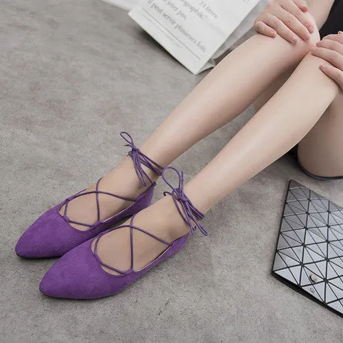 Fashion Women Shoes Flats Casual Pointed Toe cross strappy Suede Gladiator Flat Shoes Zapatillas Mujer Size 34-43