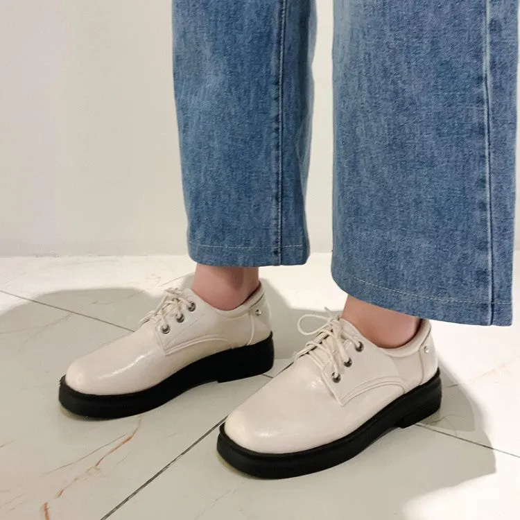 Women's Solid Color Round Toe Lace Up on Flats Shoes Gold Flat Mary Jane Shoes