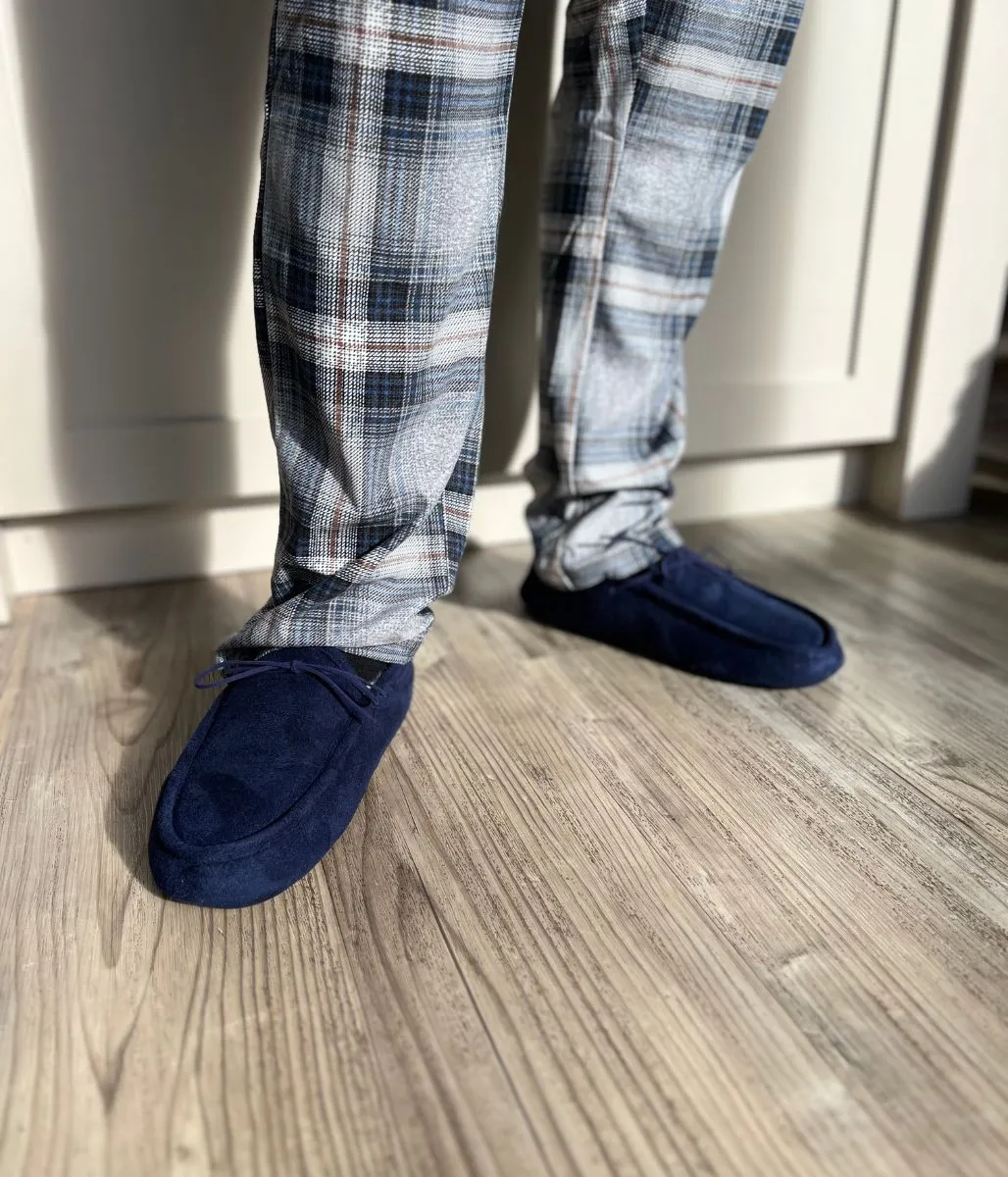 Men's Navy Faux Suede Slippers Faux Fur Slides