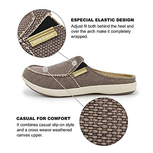 Mens House Slippers with Arch Support, Canvas House Slipper for Men with Suede Insole and Velvet Lining, Slip on Clog House Shoes with Indoor Outdoor Anti-Skid Rubber Sole, Brown Slippers With Arch