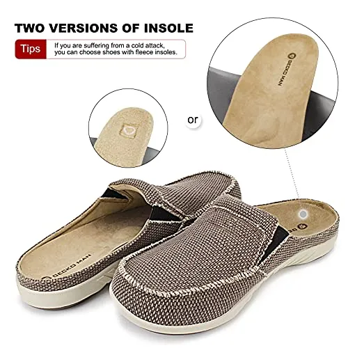Mens House Slippers with Arch Support, Canvas House Slipper for Men with Suede Insole and Velvet Lining, Slip on Clog House Shoes with Indoor Outdoor Anti-Skid Rubber Sole, Brown Lululemon Slides