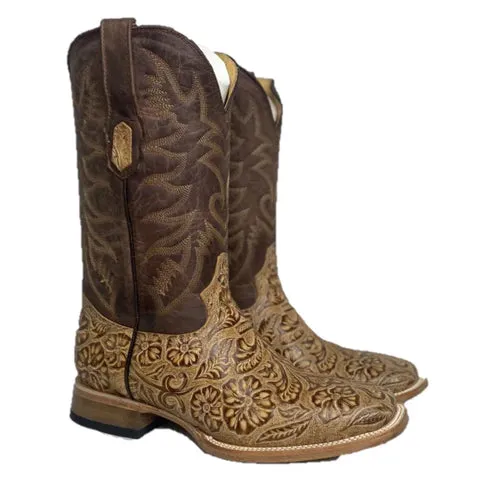 COWTOWN BROWN ORYX HAND FLORAL TOOLED BOOT Boots Ankle Heel