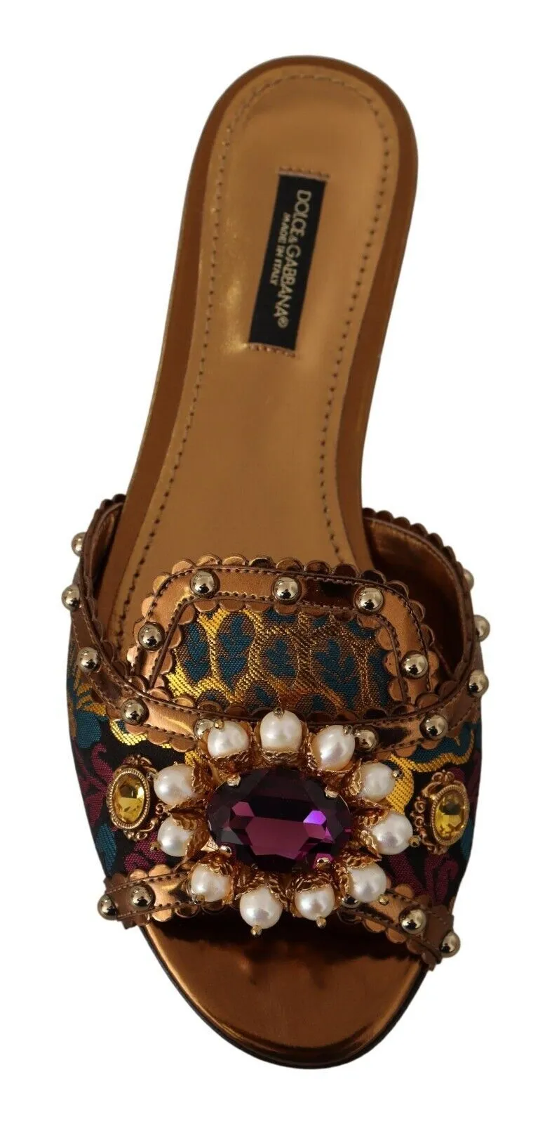 Dolce & Gabbana Chic Floral Print Flat Sandals with Faux Pearl Detail Comfortable Shoes For Feet