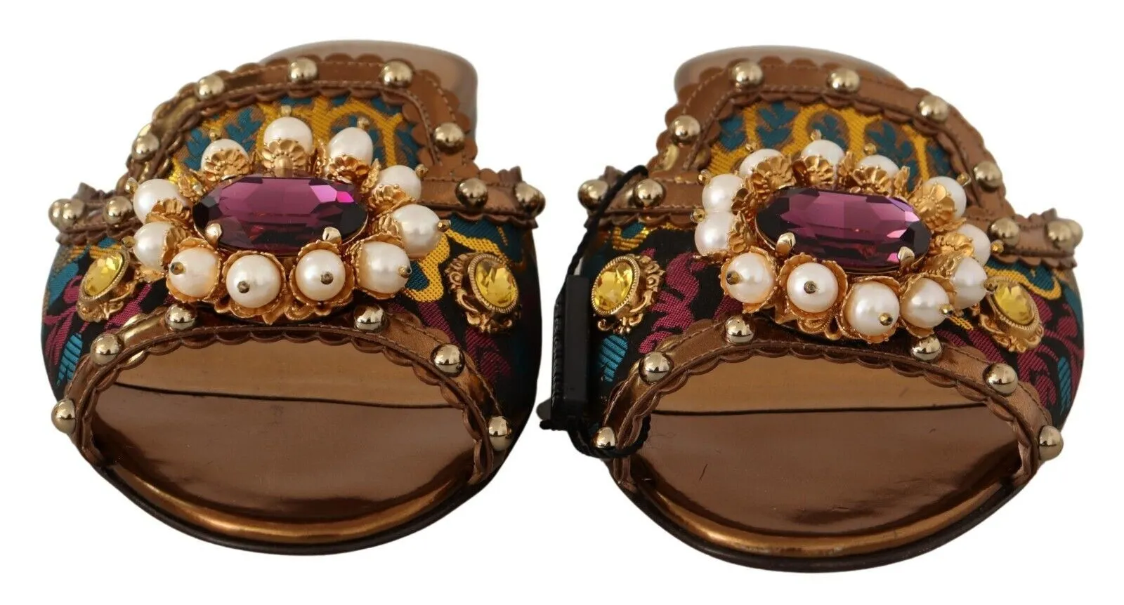 Dressy Flat Shoes Wide Width Dolce & Gabbana Chic Floral Print Flat Sandals with Faux Pearl Detail