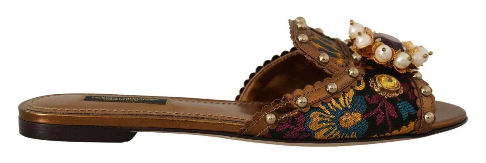Shoes With Arches For Flat Feet Dolce & Gabbana Chic Floral Print Flat Sandals with Faux Pearl Detail