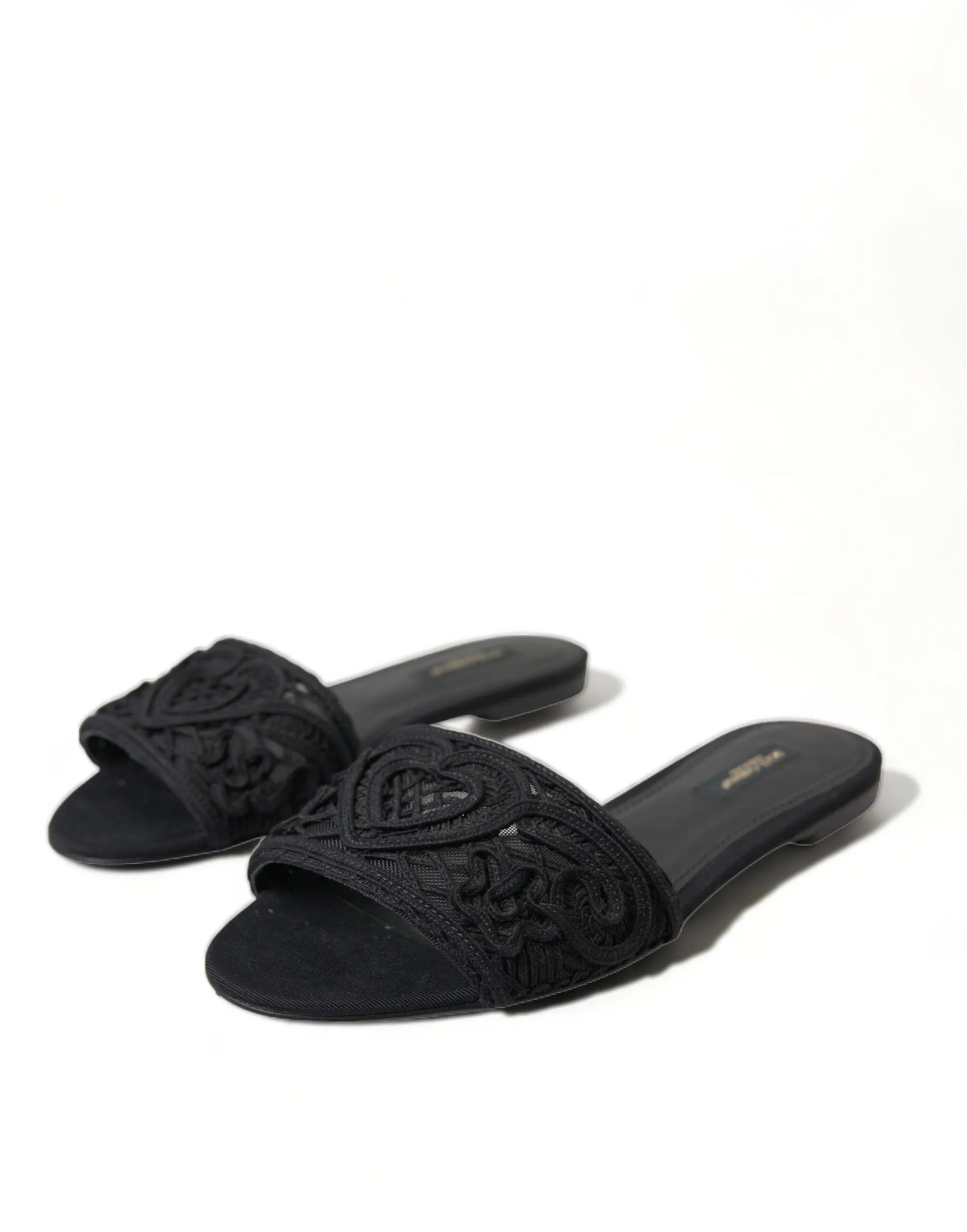 Flat Pedal Boa Shoes Dolce & Gabbana Elegant Black Heart Embroidery Slide Sandals