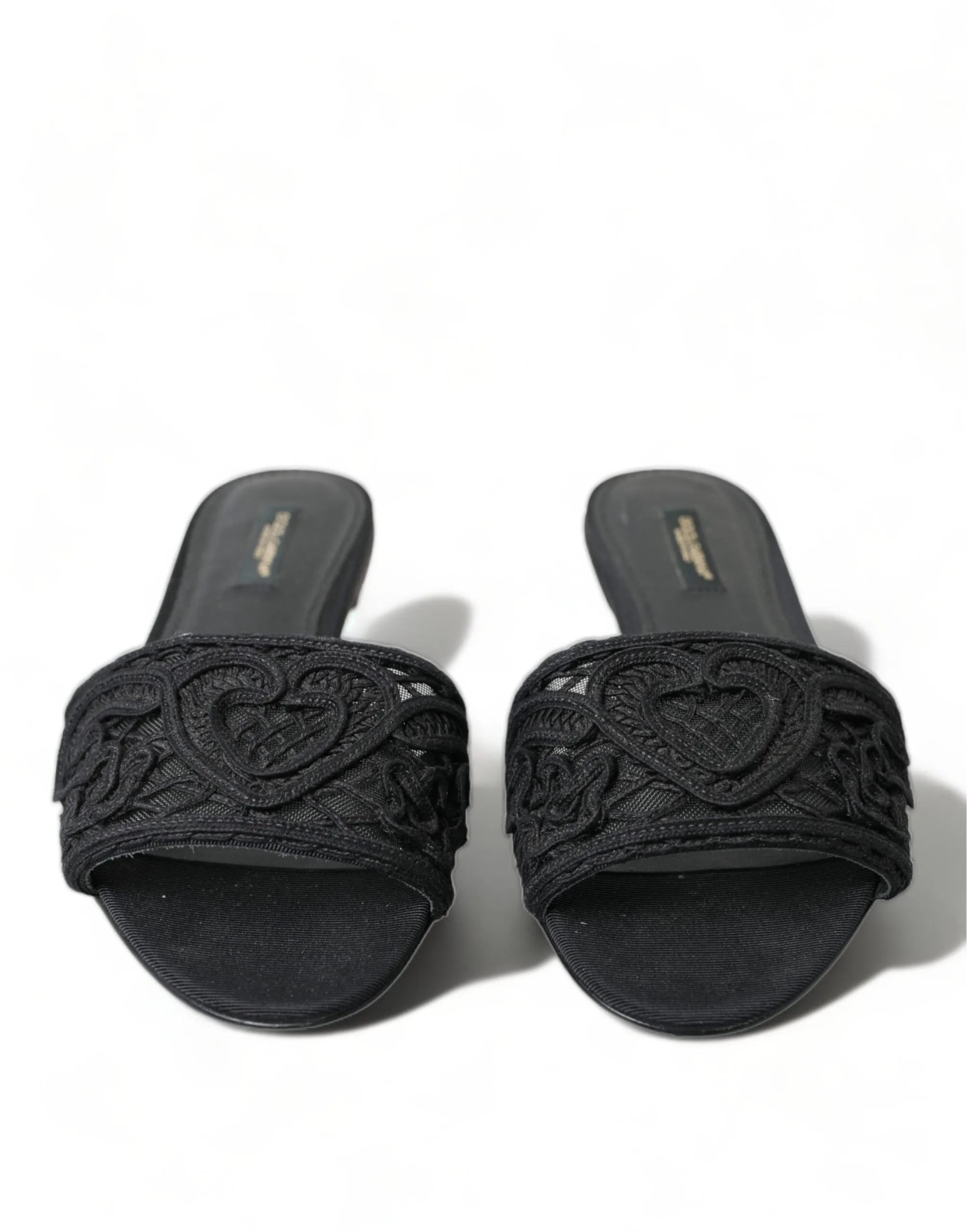 Dolce & Gabbana Elegant Black Heart Embroidery Slide Sandals Golden Flats Shoes