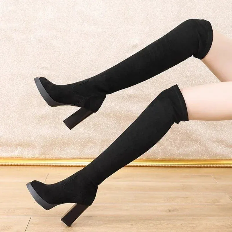 Lightweight Waterproof Walking Shoes High Heel Pointed Toe Sock Boots Over Knee Winter Shoes Solid Zipper Women's Boots