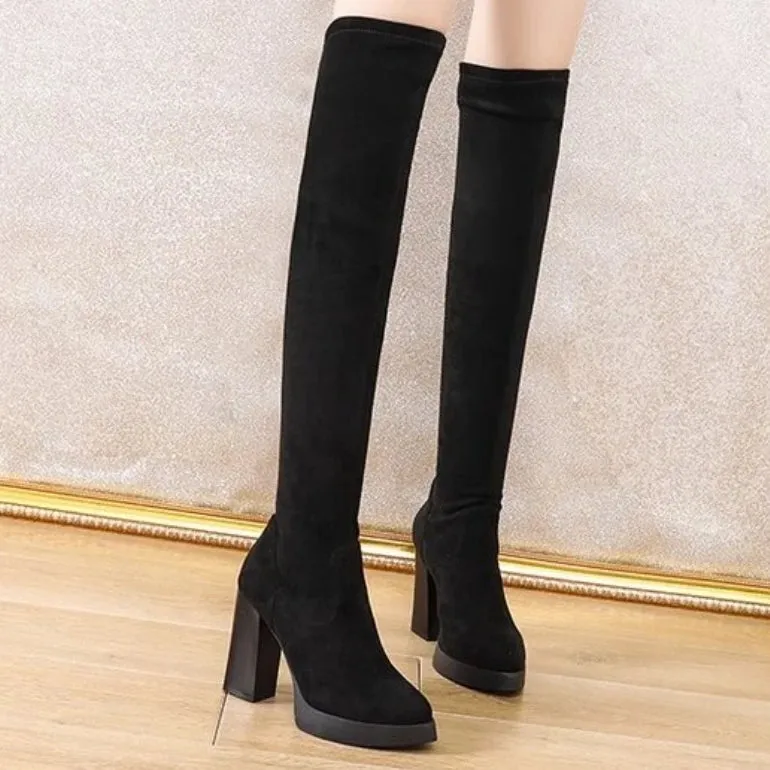 Waterproof Cover Shoes High Heel Pointed Toe Sock Boots Over Knee Winter Shoes Solid Zipper Women's Boots