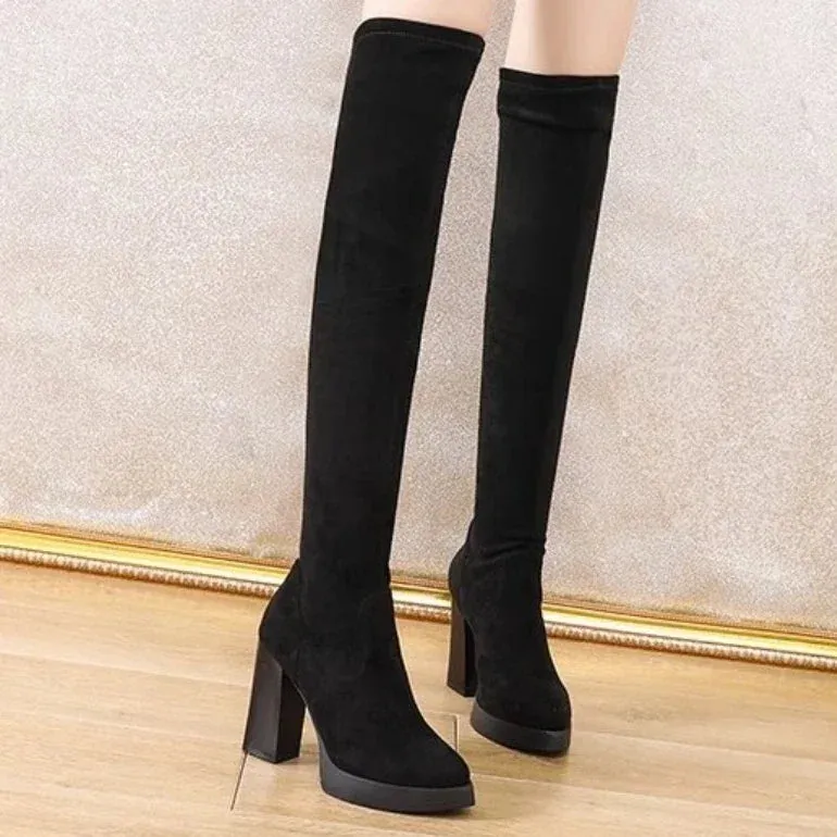 4e Wide Waterproof Hiking Shoes High Heel Pointed Toe Sock Boots Over Knee Winter Shoes Solid Zipper Women's Boots