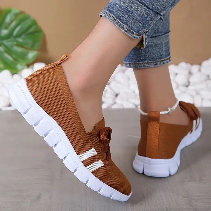 Best Lightweight Casual Shoes Women 2024 Knitted Striped Flats Lace Up Casual Sneakers Shoes