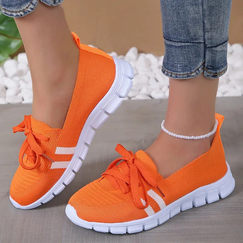 Women 2024 Knitted Striped Flats Lace Up Casual Sneakers Shoes Wayne Casual Shoes