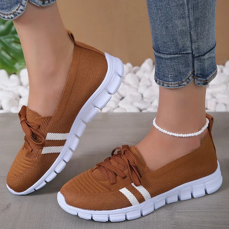 Women 2024 Knitted Striped Flats Lace Up Casual Sneakers Shoes Brown Leather Shoes Casual