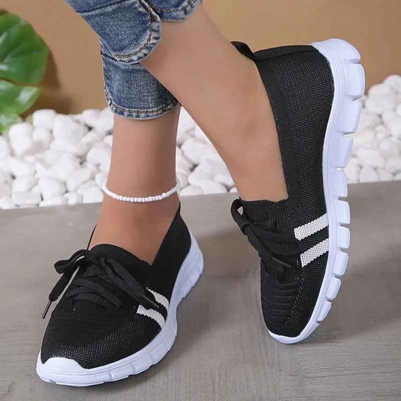 Women 2024 Knitted Striped Flats Lace Up Casual Sneakers Shoes Casual Running