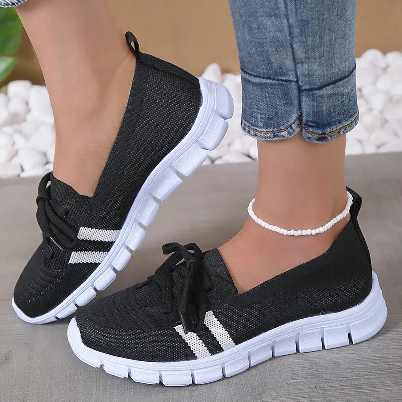 Shoes Casually Crossword Women 2024 Knitted Striped Flats Lace Up Casual Sneakers Shoes