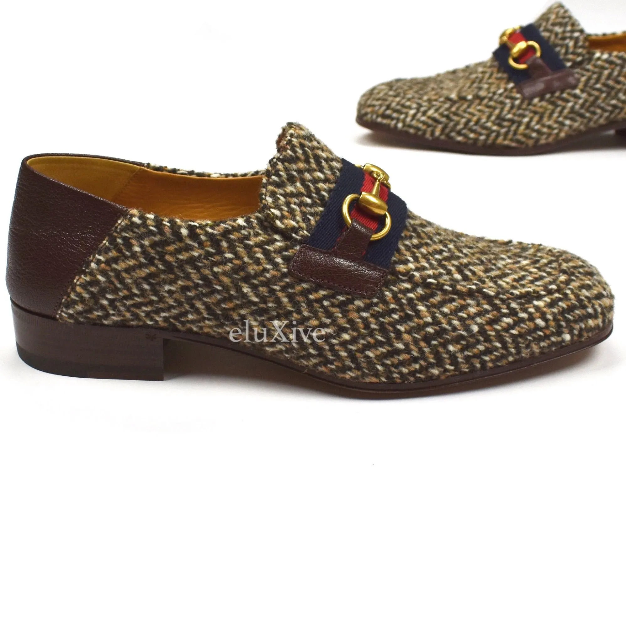 Overland Slippers Gucci - Tweed Web Stripe Horsebit Loafers