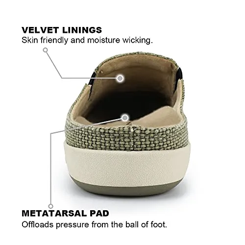 Mens Orthopedic Slippers with Arch Support, Canvas House Slipper for Men with Suede Insole and Velvet Lining, Slip on Clog House Shoes with Indoor Outdoor Anti-Skid Rubber Sole, Light Olive, 9.5 Capibara Slippers