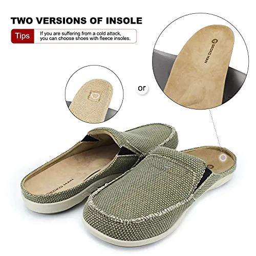 Mens Orthopedic Slippers with Arch Support, Canvas House Slipper for Men with Suede Insole and Velvet Lining, Slip on Clog House Shoes with Indoor Outdoor Anti-Skid Rubber Sole, Light Olive, 9.5 Slide Leather Sandals