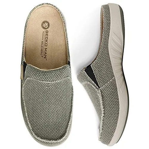 Driving With Slippers Mens Orthopedic Slippers with Arch Support, Canvas House Slipper for Men with Suede Insole and Velvet Lining, Slip on Clog House Shoes with Indoor Outdoor Anti-Skid Rubber Sole, Light Olive, 9.5