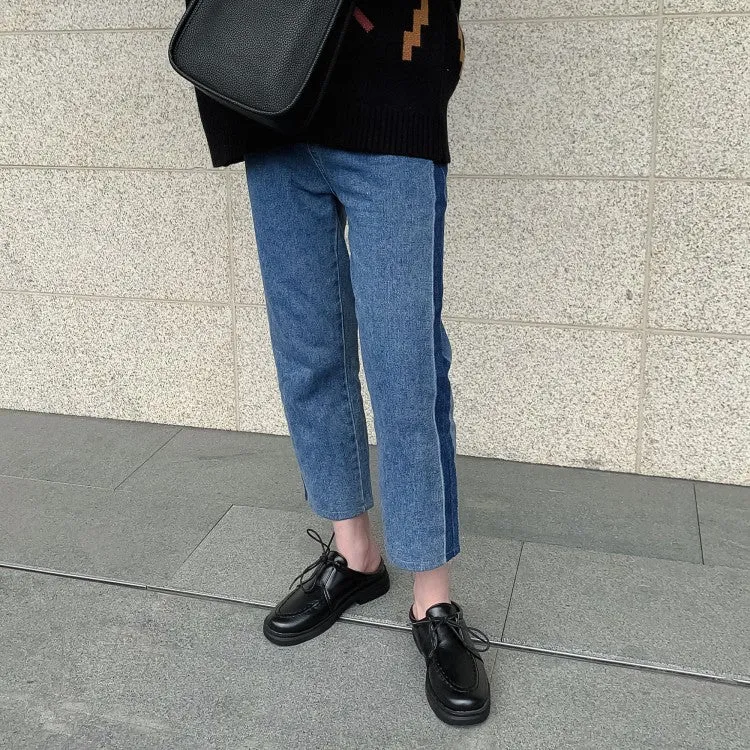 Checkered Flats Shoes Women's Solid Color Lace Up Stitching Slip on Flats Platform Shoes