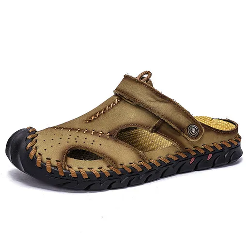 Fur Lined Slippers Fashion Mens Sandals Genuine Leather Summer Beach Slippers Male Non-Slip Soft Comfortable Outdoor Sh
