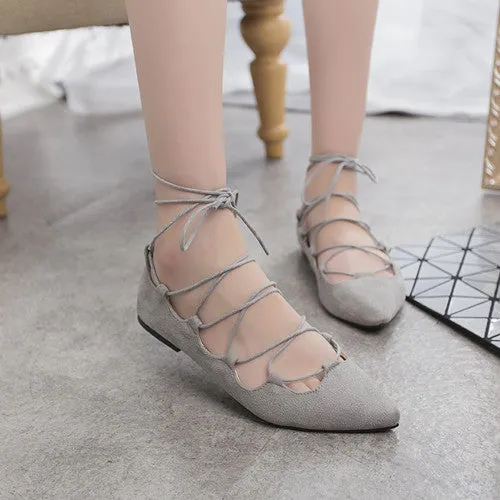 Fashion Women Shoes Flats Casual Pointed Toe cross strappy Suede Gladiator Flat Shoes Zapatillas Mujer Size 34-43 Wrap Around Flat Shoes