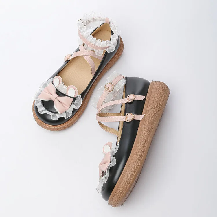 Women's Lolita Bowties Knot Crossed Lace Straps Flats Shoes Best Shoes Flat Feet