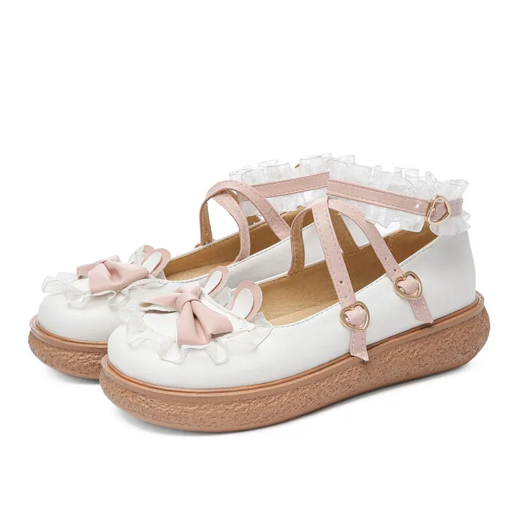 Women's Lolita Bowties Knot Crossed Lace Straps Flats Shoes Infant Flat Shoes