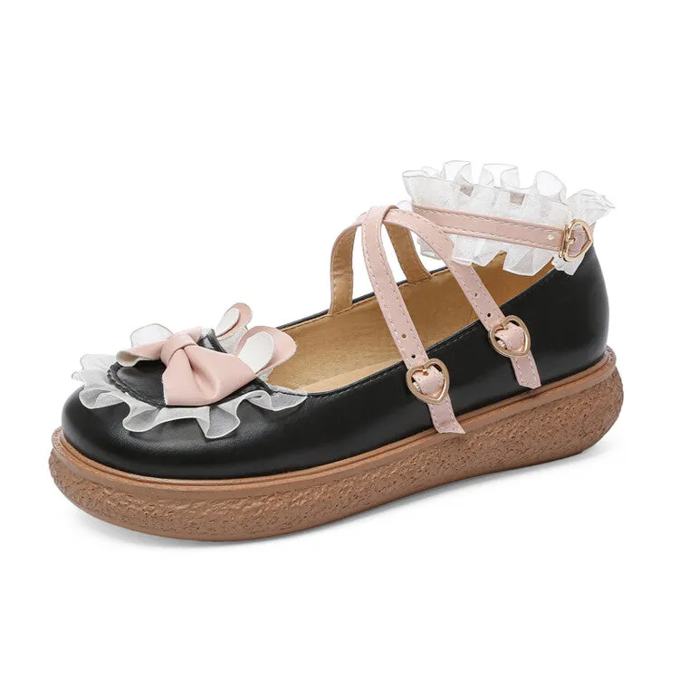 Women's Lolita Bowties Knot Crossed Lace Straps Flats Shoes Soft Star Shoes Ballet Flats