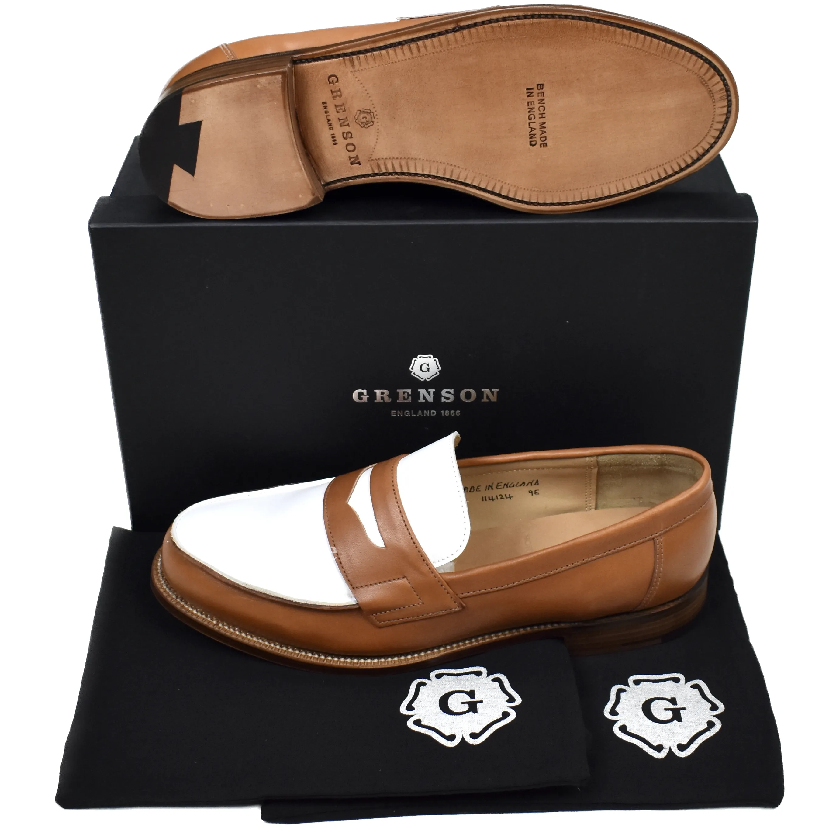 Grenson - Cognac Tan/White Leather Epsom Penny Loafers Bluey And Bingo Slippers