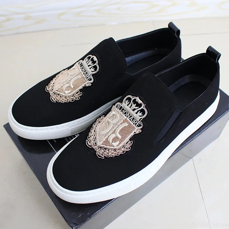 Flat Shoes Size 6 2024 Brand New Men Casual Shoes Black Suede Leather Man Party Luxury Embroidery Flat Shoes Tide Slip-On Loafers