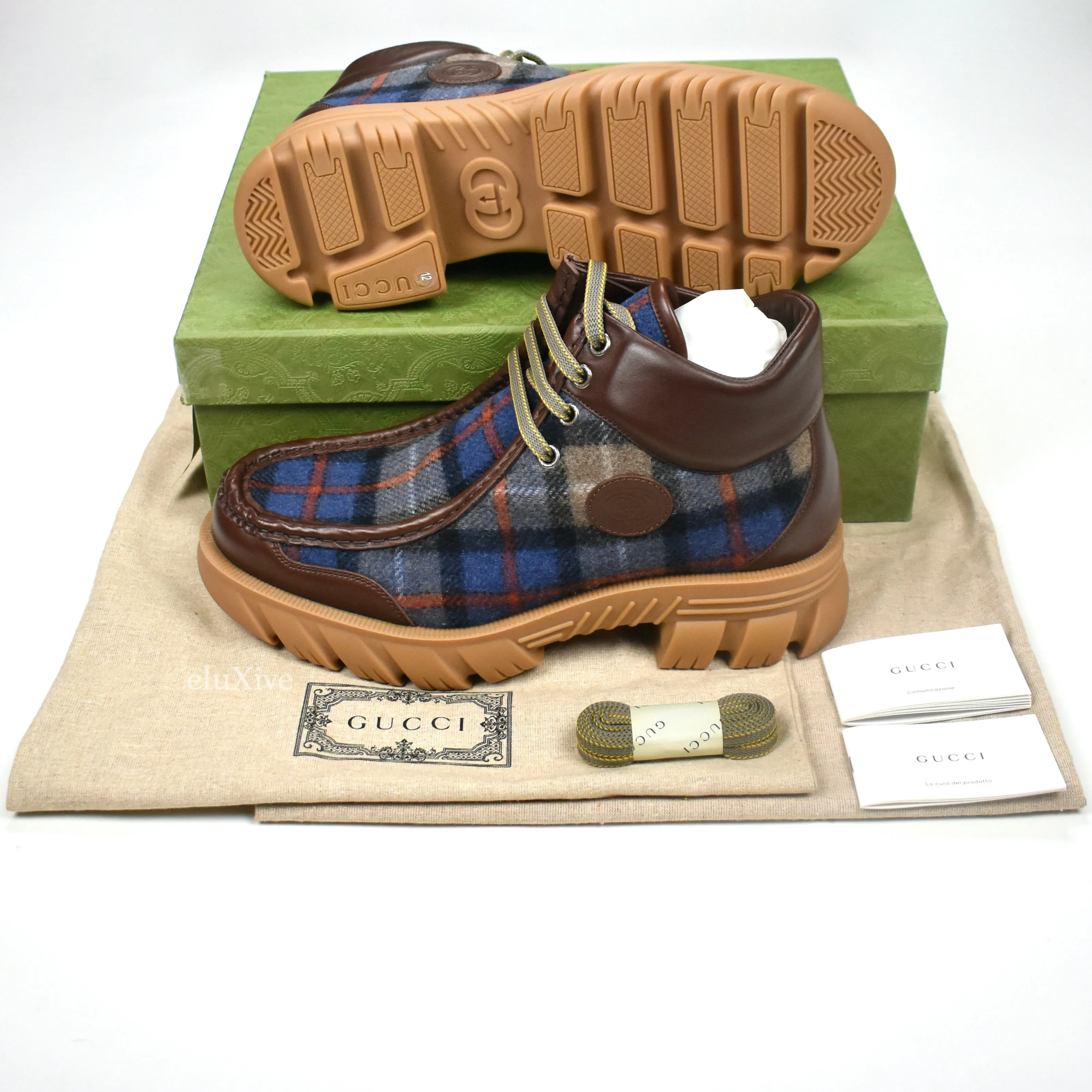 Gucci - Plaid Wool / Leather Chunky Sole Hiking Boots Slippers With Insoles