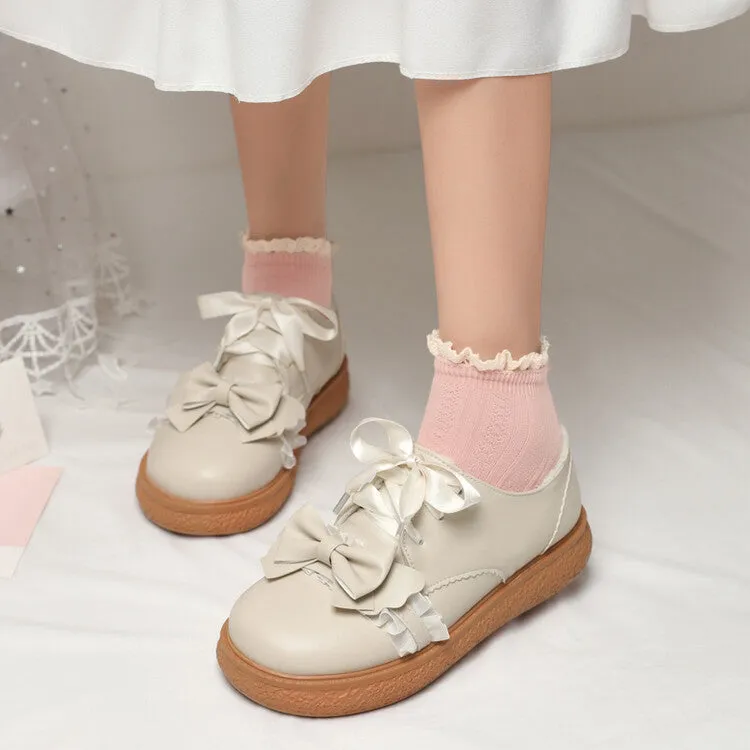Flat Shoes Cow Leather Women's Lolita Bowtie Lace Ribbon Flats Shoes