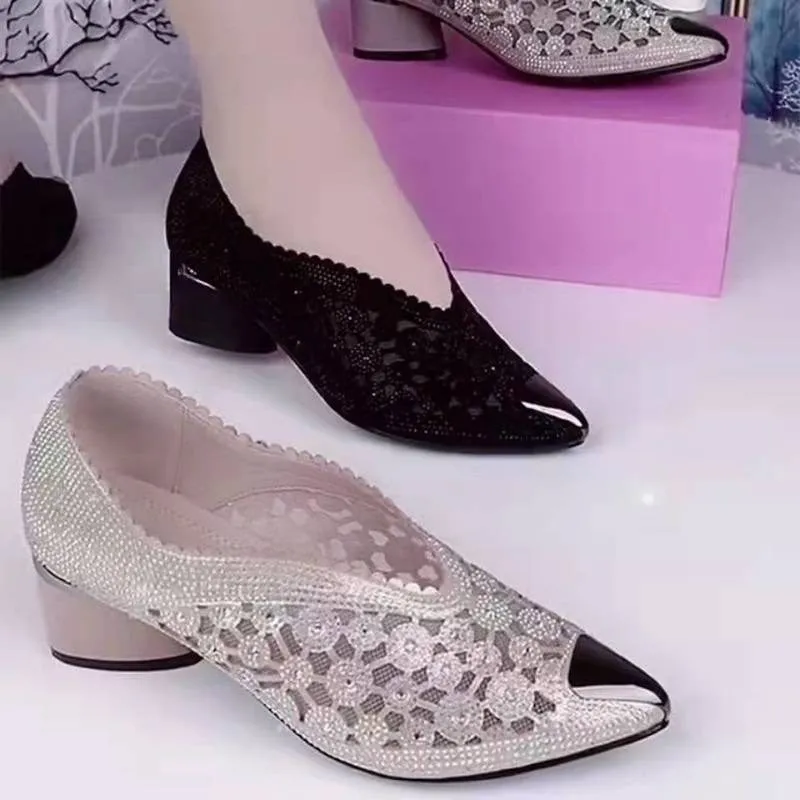 Lace Sexy Pointed Toe Women Square Heel Shoes Bling Bling Flat Shoes