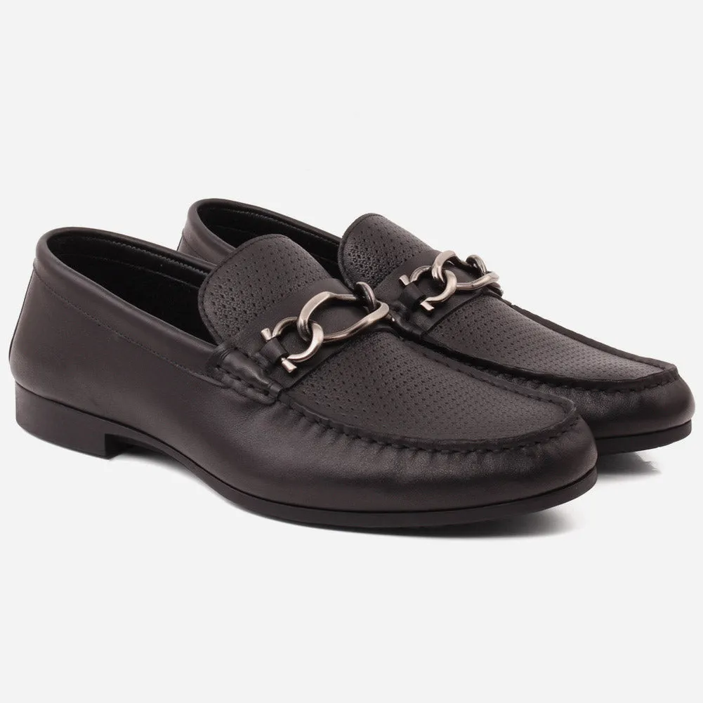 Men "VICENTE" Casual Perforated Slip On Metallic Buckle Leather Moccasins Big Bow Flat Shoes