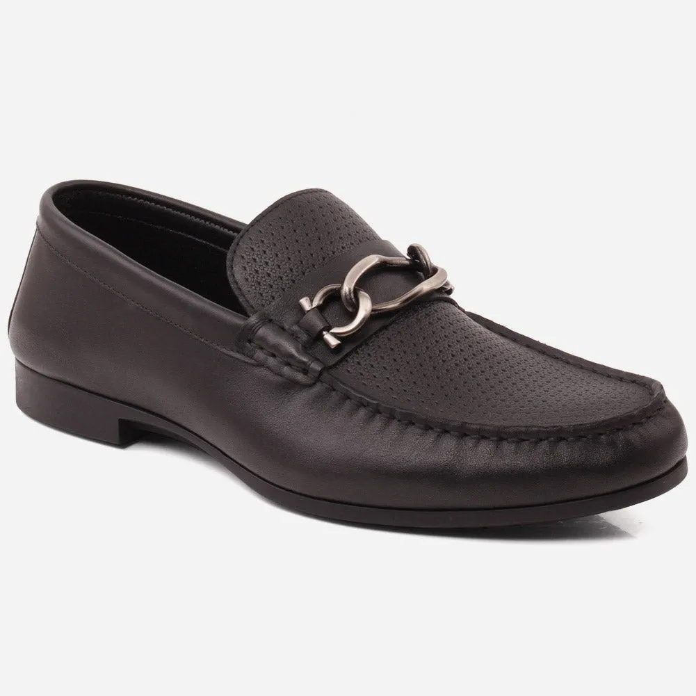 Outlet Flat Shoes Men "VICENTE" Casual Perforated Slip On Metallic Buckle Leather Moccasins