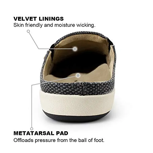 Mens Slippers with Arch Support, Canvas House Slipper for Men with Suede Insole and Velvet Lining, Slip on Clog House Shoes with Indoor Outdoor Anti-Skid Rubber Sole, Black Cold Weather Slippers