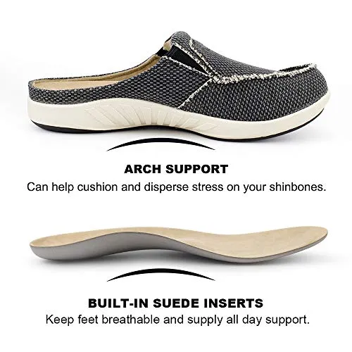 Ysl Slides Mens Slippers with Arch Support, Canvas House Slipper for Men with Suede Insole and Velvet Lining, Slip on Clog House Shoes with Indoor Outdoor Anti-Skid Rubber Sole, Black